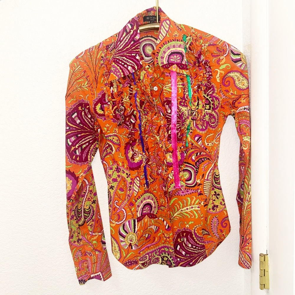 ETRO The Cotton Shirt with Paisley Motif Ruffle & Ribbon Trim Slim Fit SZ: Small